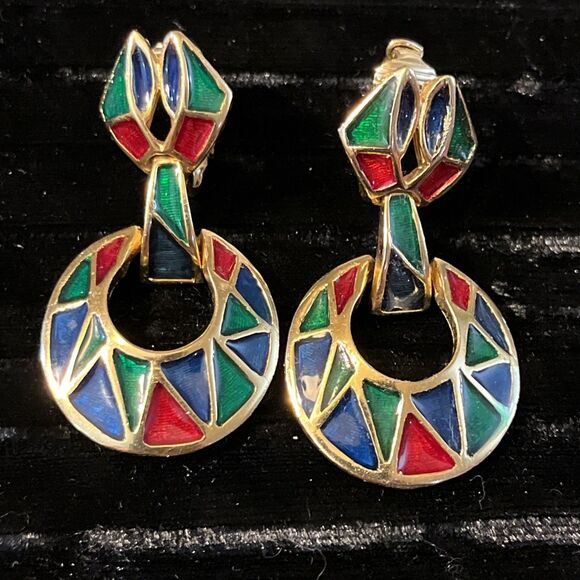 VTG Gerard Yosca Goldtone Enamel Egyptian Revival Door Knocker Clip OnEarrings - Picture 1 of 8